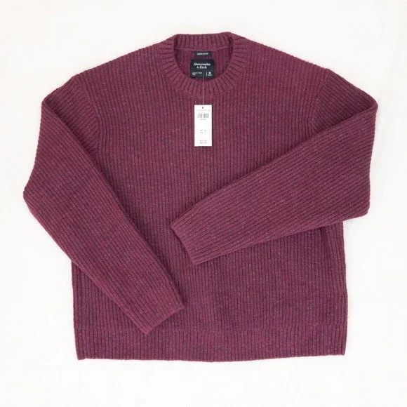 Abercrombie Fitch Oversized Crewneck Sweater Womens Medium Berry Burgundy Ribbed - Picture 2 of 10